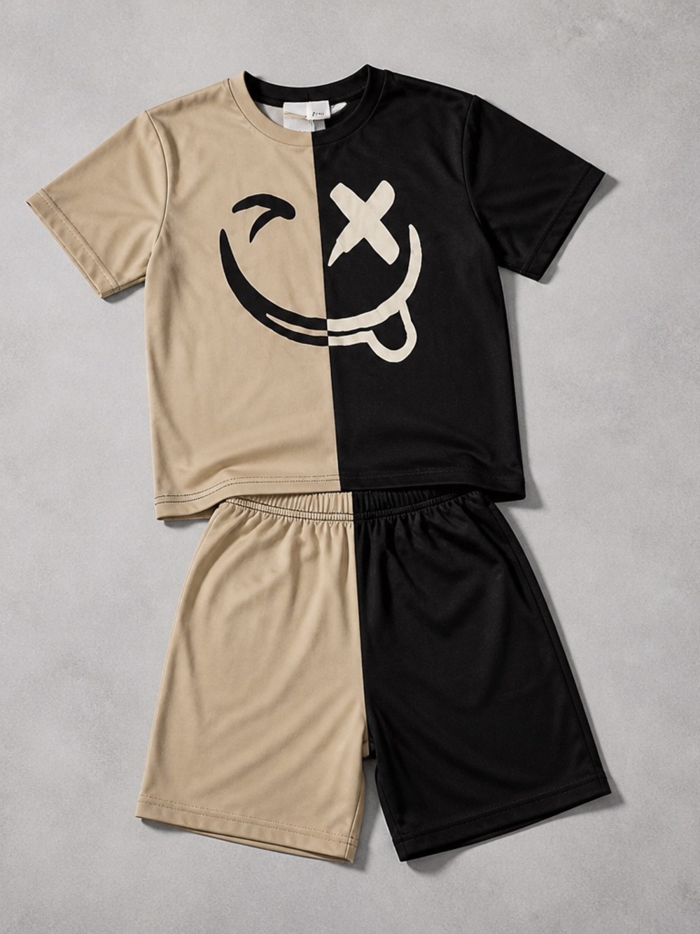 Two-Tone Smiley Face Kids Pajama Set in Black & Tan